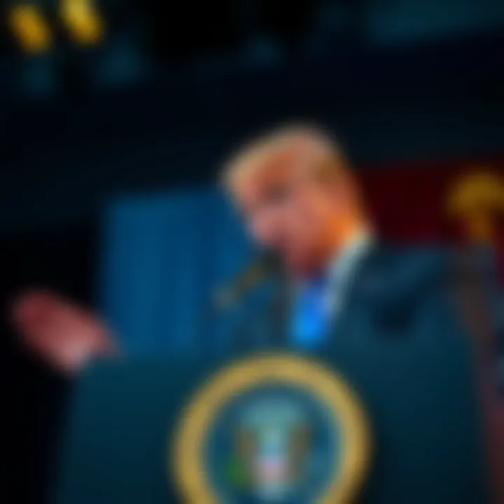 Former President Trump making statements at a podium during a speech