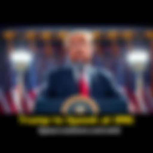 President Trump addressing the nation from behind a podium with flags in the background