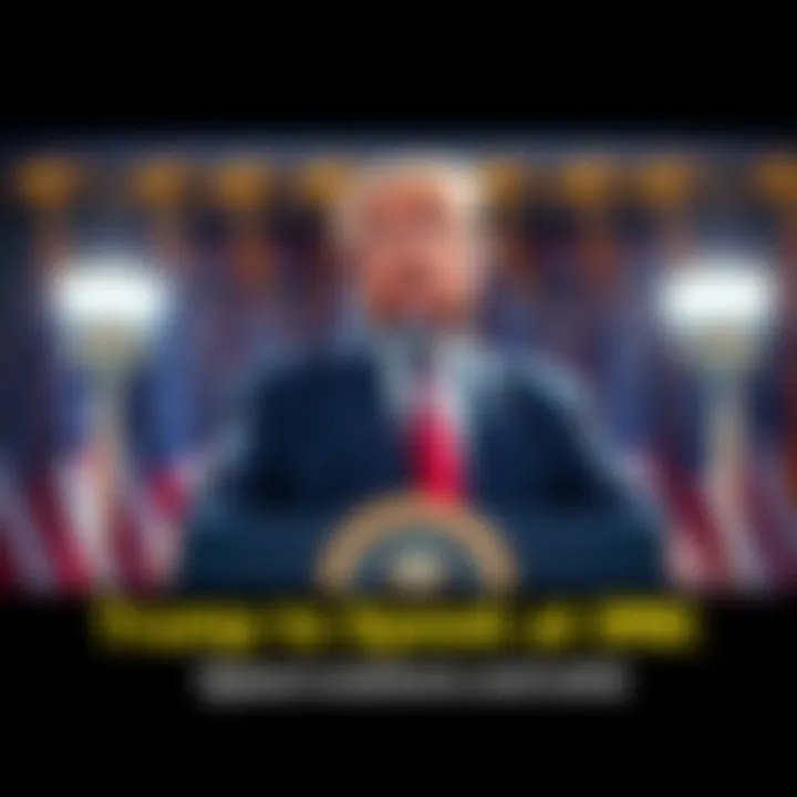 President Trump addressing the nation from behind a podium with flags in the background