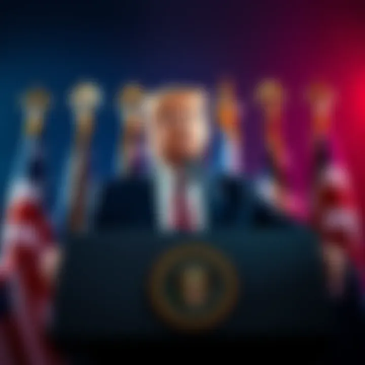 Donald Trump giving a speech at a podium surrounded by flags, conveying a serious expression