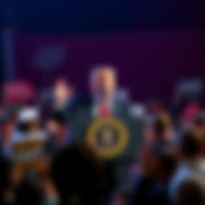 Donald Trump at a podium during a rally, surrounded by supporters showing mixed reactions