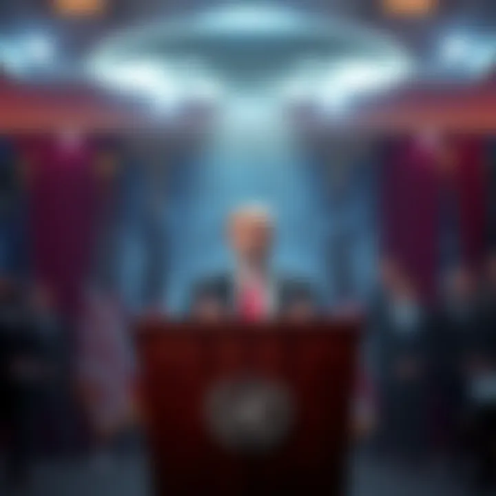 Donald Trump standing at a podium preparing to speak about UFOs and extraterrestrial life at a U.N. event.