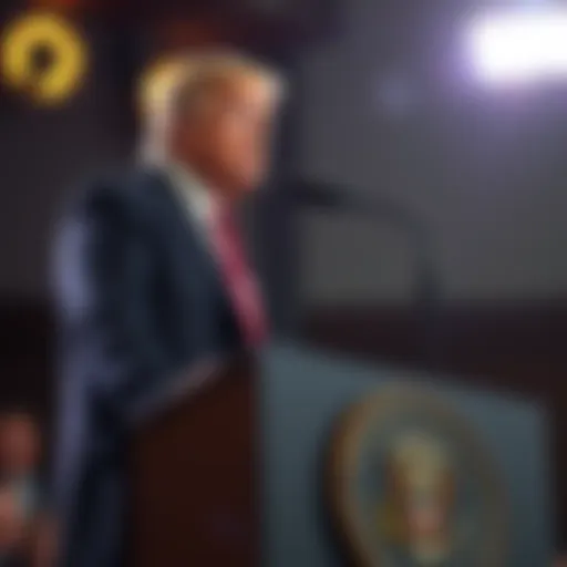 Former President Donald Trump giving a speech at a podium, discussing the possibility of extraterrestrial life.