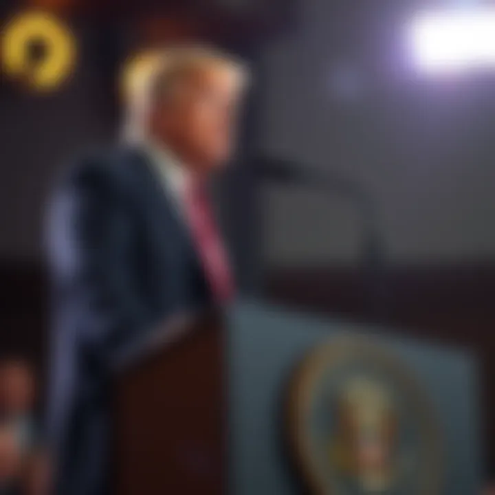 Former President Donald Trump giving a speech at a podium, discussing the possibility of extraterrestrial life.