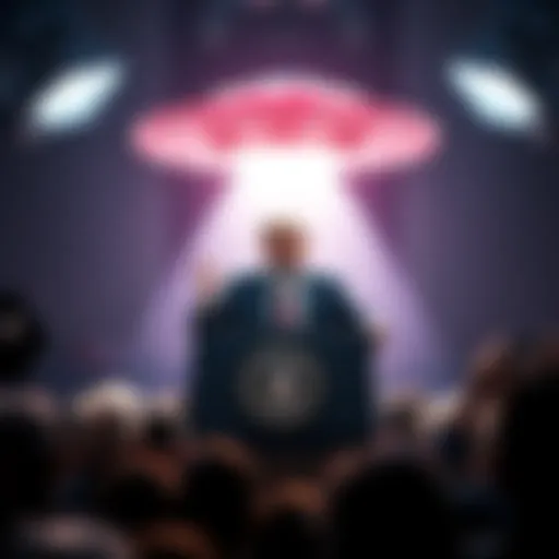 Former President Trump at a podium delivering a speech about UFOs, surrounded by an audience with bright lights and cameras.