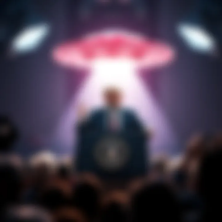 Former President Trump at a podium delivering a speech about UFOs, surrounded by an audience with bright lights and cameras.