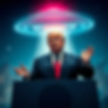 Trump speaking about UFOs President Donald Trump giving a speech on UFO disclosures with a backdrop of stars and a UFO silhouette