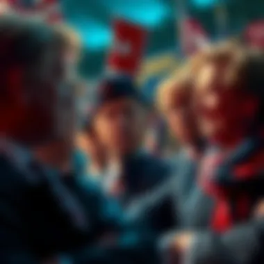 A group of Trump supporters looking concerned and discussing among themselves, reflecting doubt in their loyalty as they analyze recent news about Epstein.