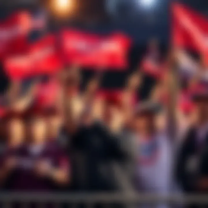 Supporters at a Trump rally A group of dedicated Trump supporters waving flags and wearing merchandise, showing their loyalty and enthusiasm at a rally.