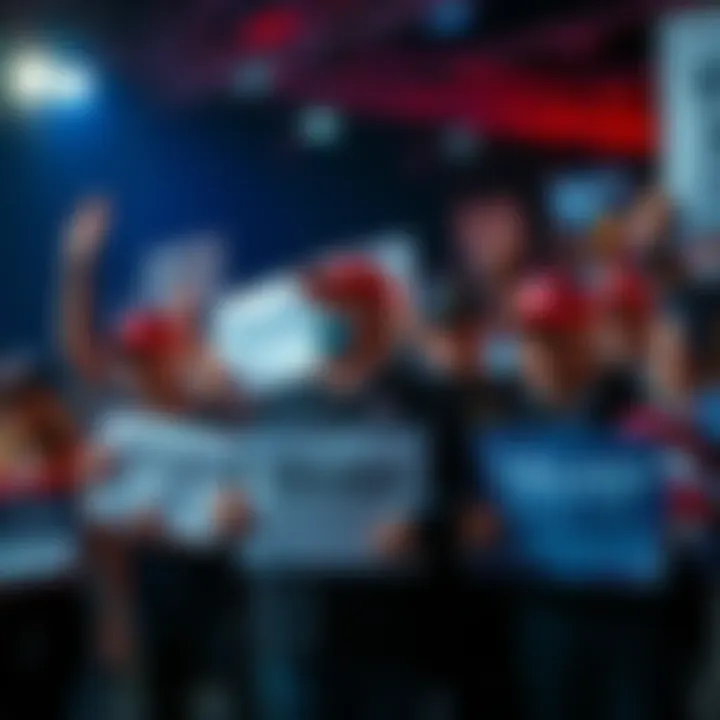 A group of Trump supporters holding signs at a rally, looking engaged and discussing the Epstein allegations.