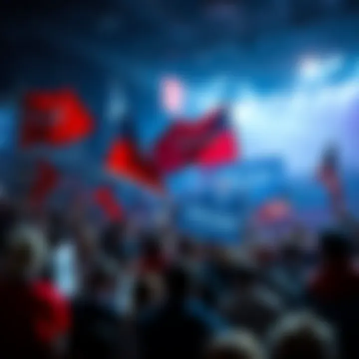 A crowd of supporters at a political rally for Donald Trump, waving flags and signs in support, amidst a backdrop of banners and excitement.