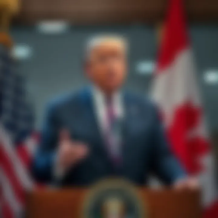 President Trump speaking about tariffs in a press conference, with a backdrop showing flags of the U.S. and Canada.