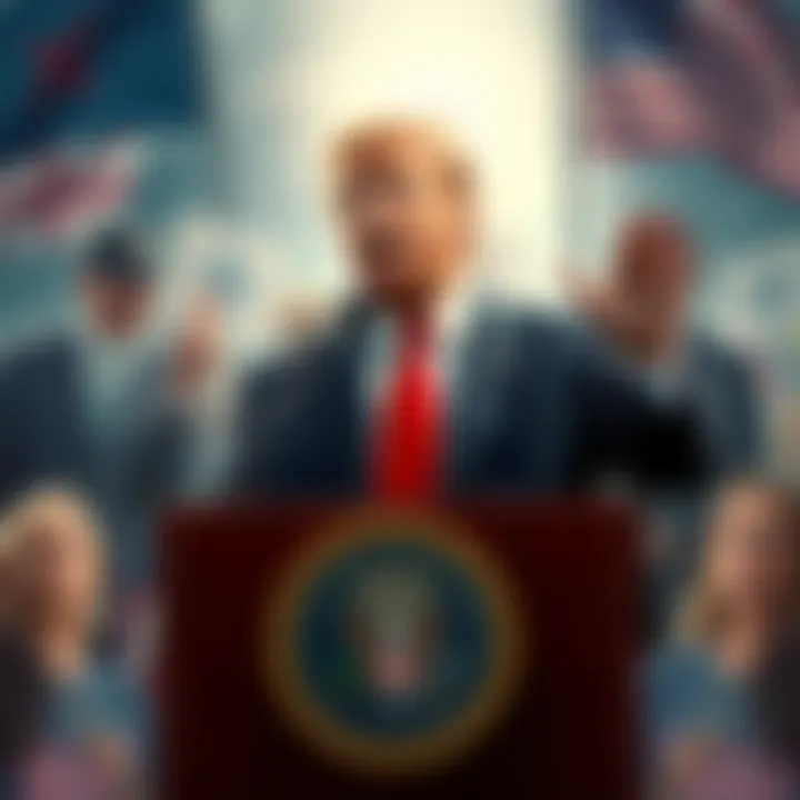 Trump gestures at a podium, surrounded by symbols of tariffs and war, with supporters in the background showing mixed reactions