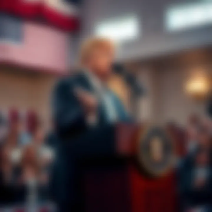 Former President Trump speaks at a podium about UAP file transparency, with an audience in the background