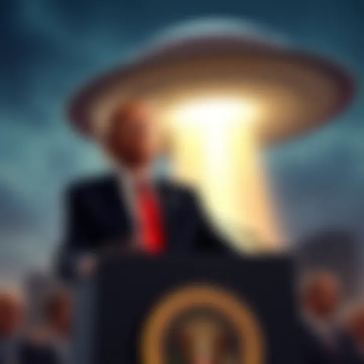 Trump and UFO Donald Trump stands at a podium with a UFO in the background, hinting at an upcoming announcement about aliens.