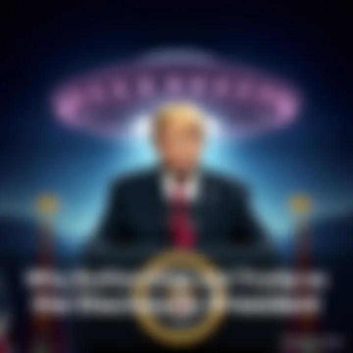Former President Trump speaking at a podium with a UFO silhouette in the background, symbolizing the discussion on alien information disclosure.
