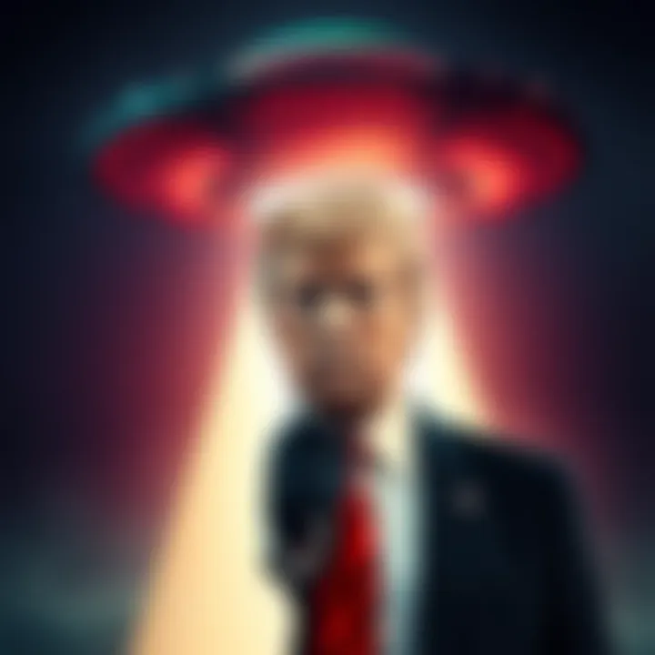 Donald Trump stands in front of a UFO, looking serious, as alien lights illuminate the background, symbolizing a distraction from the Epstein files.