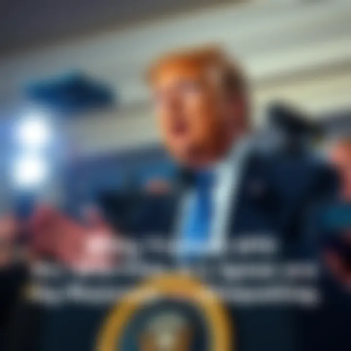 Donald Trump at a podium mentioning UFO files, with news cameras and reporters in the background