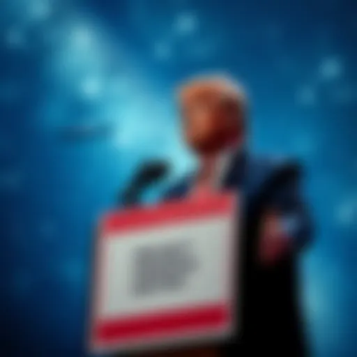 President Trump stands at a podium with a banner for Project Preserve Destiny, talking about UFO disclosure, with a starry sky in the background.