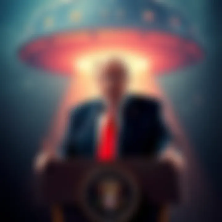 Donald Trump standing at a podium with a backdrop of UFO imagery, looking serious as he cancels his speech about UFOs.