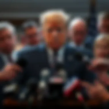 Trump Under Pressure Former President Trump looking concerned at a press conference, surrounded by media microphones and reporters, as allegations of blackmail arise regarding Epstein files.