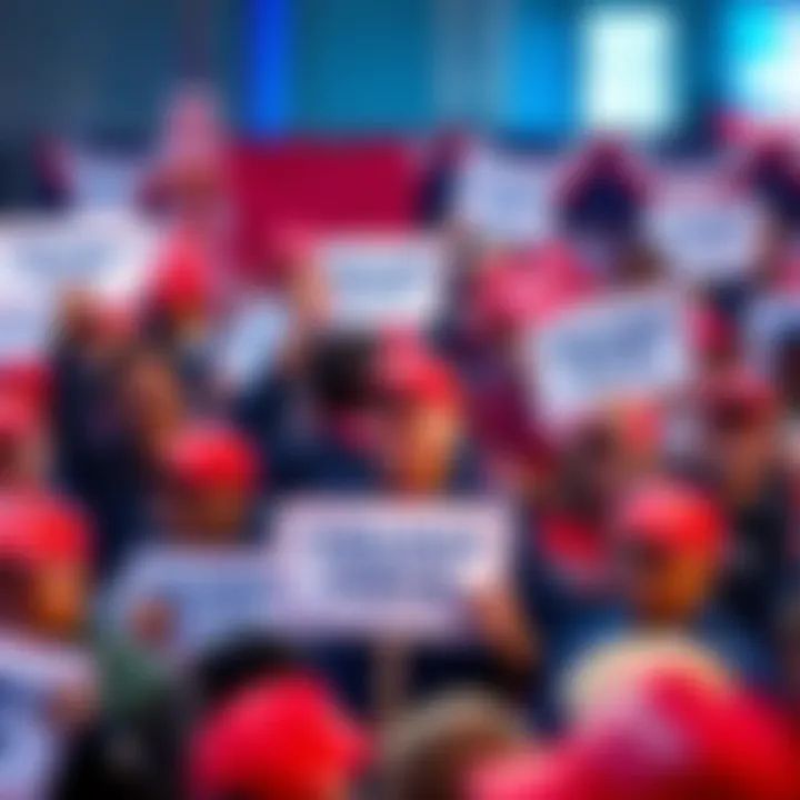 A crowd of Trump supporters at a rally, holding signs and wearing red hats, with expressions of hope amidst economic uncertainty.