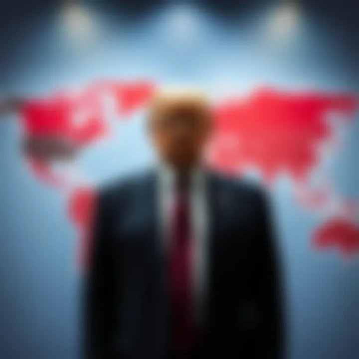 Trump in front of a world map President Trump standing in front of a large world map, with tensions hinting at potential conflict in the background