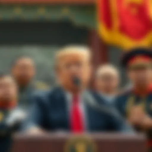 President Trump making a speech, accusing Xi Jinping during a military parade in Beijing, with Kim Jong Un and Vladimir Putin in attendance.