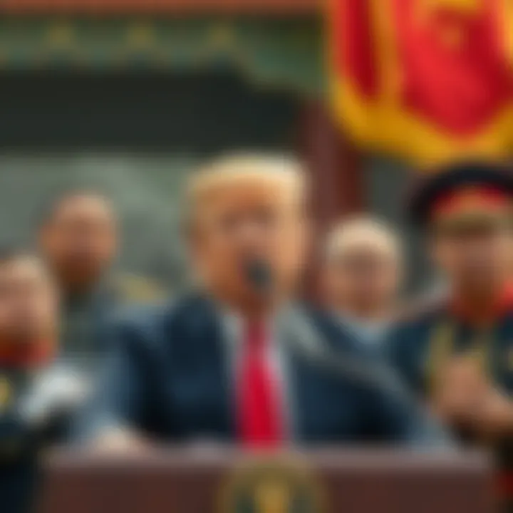 President Trump making a speech, accusing Xi Jinping during a military parade in Beijing, with Kim Jong Un and Vladimir Putin in attendance.