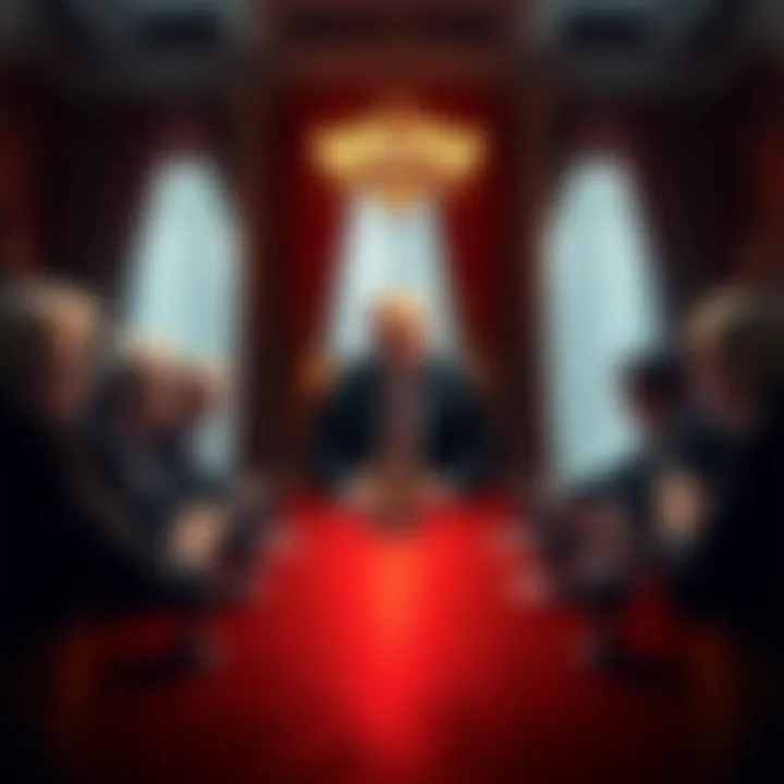 A tense meeting scene showing Trump at a table with advisors discussing serious matters, hinting at power dynamics and control