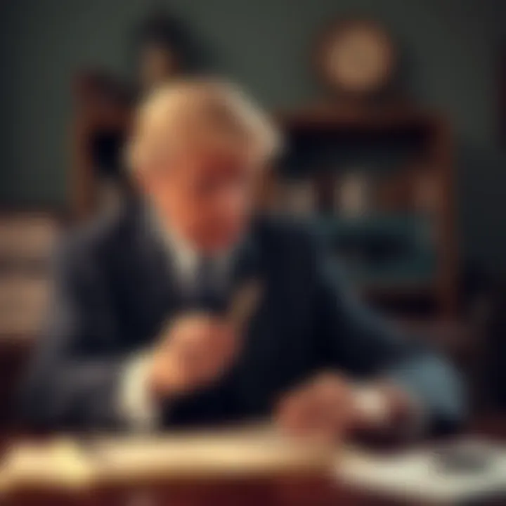 A vintage photo of a man in a suit analyzing old documents with Nikola Tesla's name on them, hinting at a historical connection.