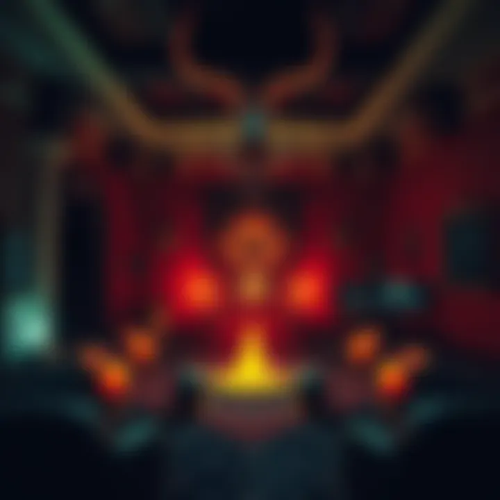 A dark, underground chamber with occult symbols and ancient deity imagery, suggesting a connection to power and secret societies.