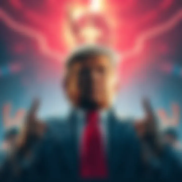 A large statue of Donald Trump symbolizing power and technology, with a backdrop of futuristic computer elements and biblical motifs.