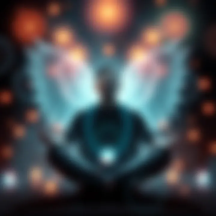 A person sitting cross-legged with closed eyes, surrounded by glowing orbs representing spirit guides, contemplating trust and spirituality.