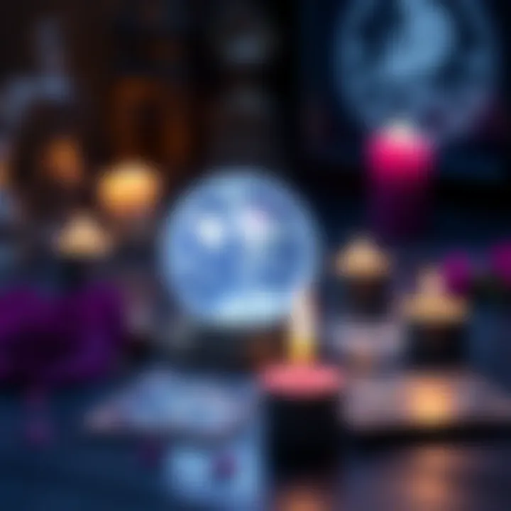 A crystal ball glowing with light, surrounded by tarot cards and candles, symbolizing psychic readings