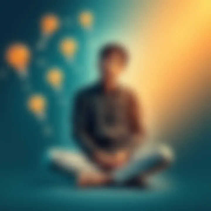 Person Reflecting on Intuition A person sitting cross-legged with a thoughtful expression, surrounded by imagery of light bulbs and arrows representing intuition and decision-making.