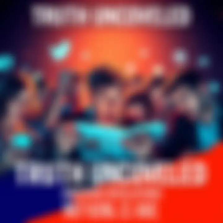 Truth Uncovered A group of people expressing shock and disbelief as they read news on their devices, surrounded by social media icons.