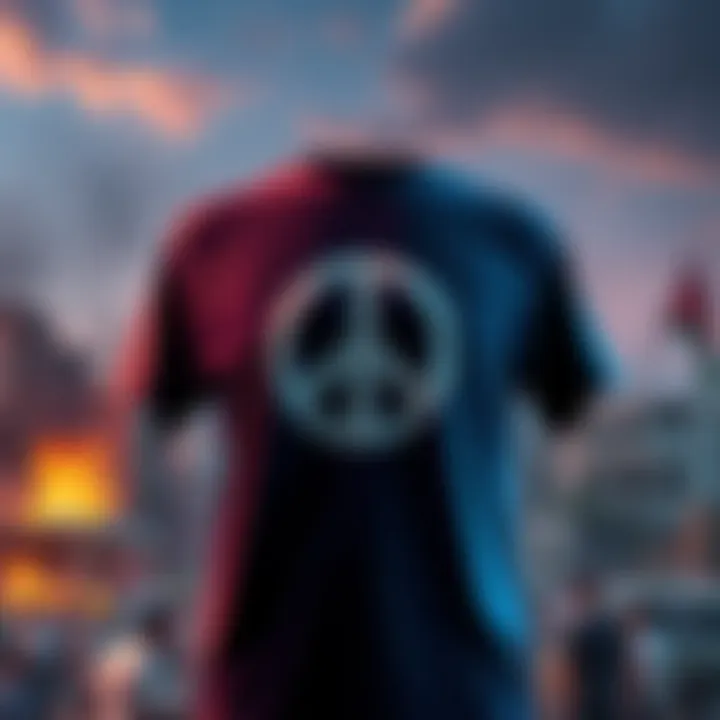 A t-shirt featuring a peace symbol against a backdrop of a conflicted area, representing ethical consumerism amid global violence.