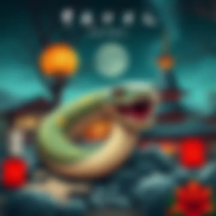 Illustration of the Tsuchinoko, a snake-like creature, surrounded by traditional Japanese elements, symbolizing its cultural significance in Higashishirakawa.