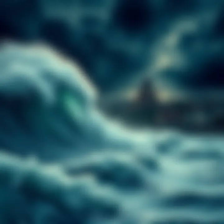 Massive waves crashing toward a small coastal town during a stormy night