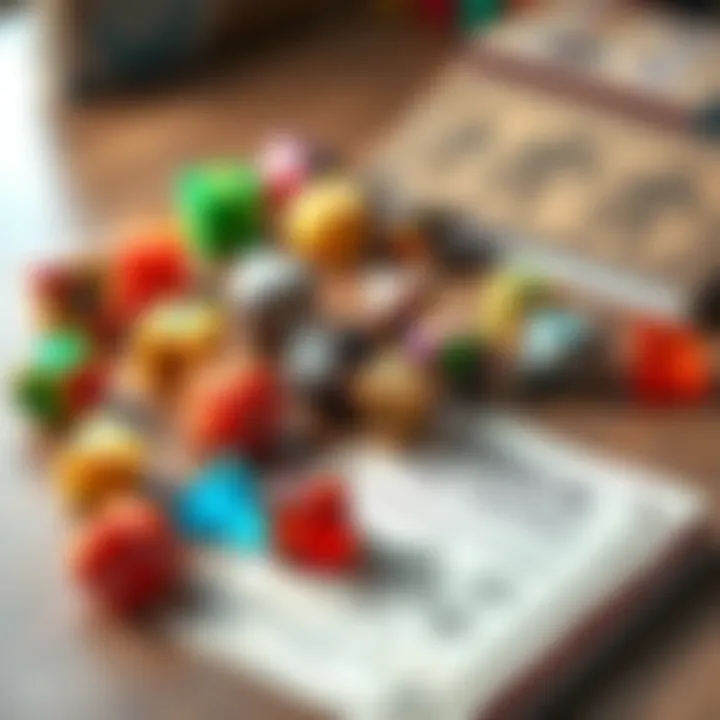 A collection of colorful polyhedral dice arranged on a table, with a printed booklet titled Liber Polyhedra beside them, showcasing illustrations for divination and spiritual growth.