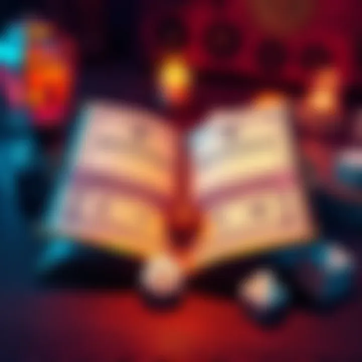 An open booklet featuring dice and symbols for divination, with mystical illustrations and a backdrop of dice on a wooden table.