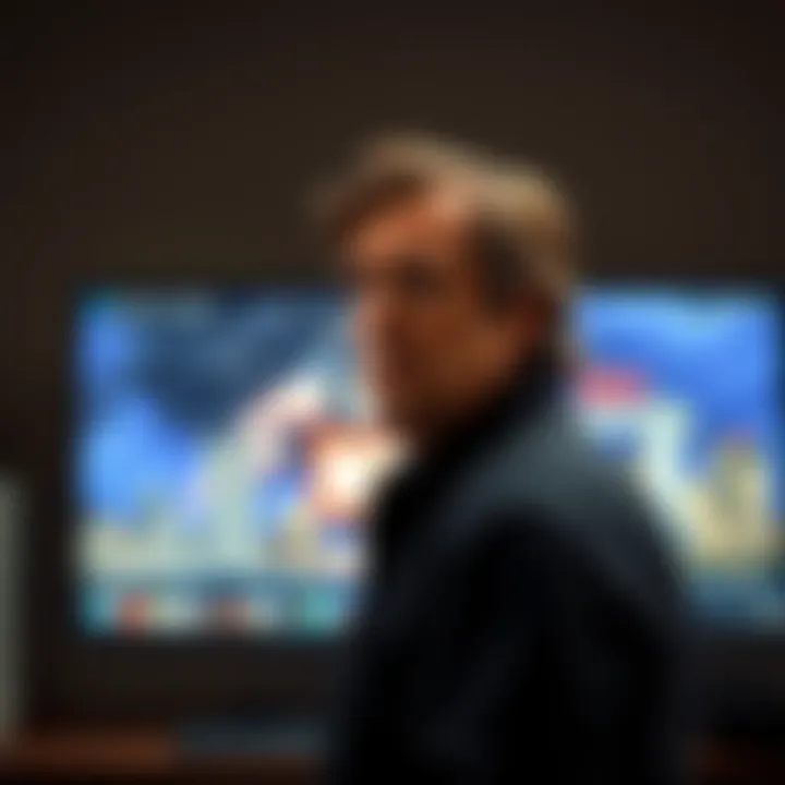 Tucker Carlson standing in front of a computer screen showing a 9/11 documentary, looking concerned
