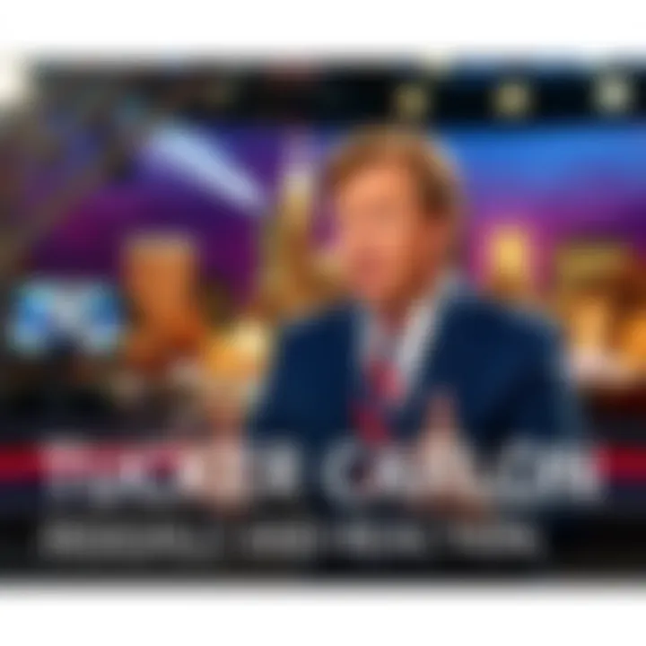 Tucker Carlson speaking in front of a studio backdrop about 9/11, engaging viewers with insights and reactions