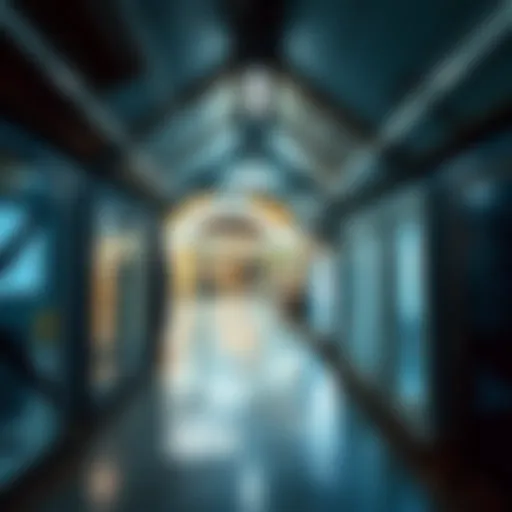 A dark tunnel connecting shops in Mallworld, with visible metal parts and grease on the walls