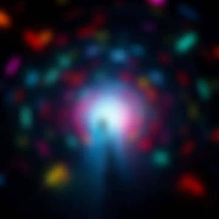 Tunnel of Dreams A person journeys through a dark tunnel filled with colorful lights, symbolizing emotions of fear and love.