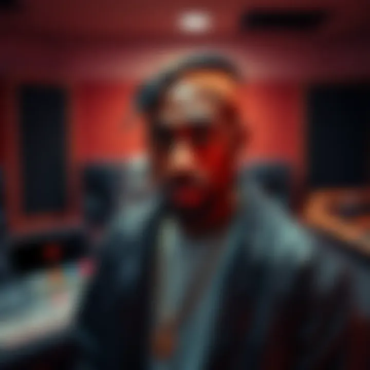 Tupac in a studio setting Tupac Shakur stands in a recording studio, reflecting on his music's message about society and hope.