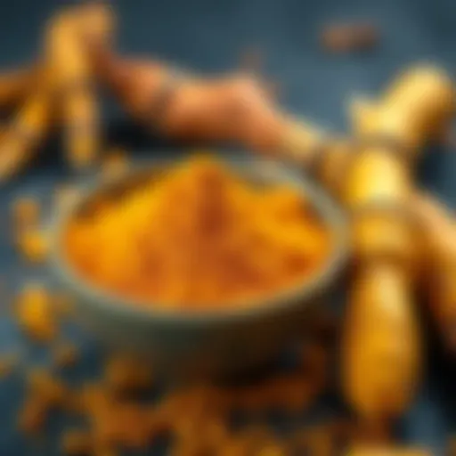 Close-up of turmeric spice powder in a bowl with fresh turmeric roots beside it, highlighting its vibrant yellow color.