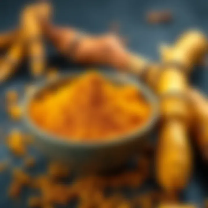 Close-up of turmeric spice powder in a bowl with fresh turmeric roots beside it, highlighting its vibrant yellow color.