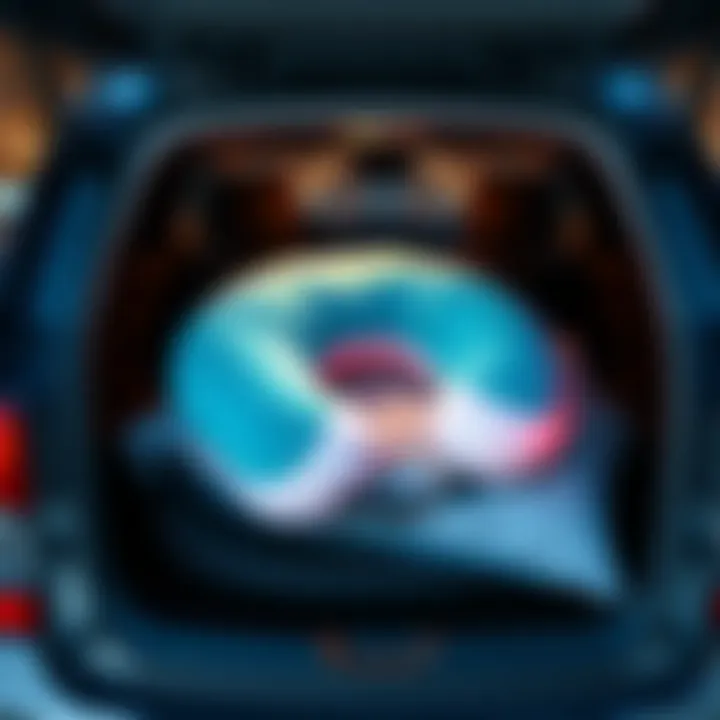 A turquoise neck pillow resting on top of a new neck pillow inside a car trunk